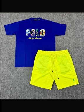 Polo by Ralph Lauren Blue Graphic Tee with Neon Yellow Athletic Shorts